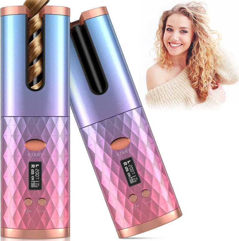 This poster on the left hand side showcases two images of Automatic Curling Iron one having hair being curled and another one an empty Curling iron standing next to first one at a slanting position, On the right hand side on top we have a beautiful smiling women posing her brown curled hairs after using this Automatic Curling iron product.