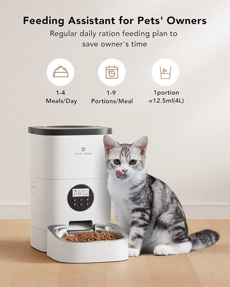 This poster showcases the PETLIBRO Automatic Pet Feeders For Cats & Dogs with it's number of meals per day with size and quantity it can hold and serve, Image has a Cute White/Black Cat standing next to PETLIBRO Pet Feeder having dispensed meal from the unit and Cat liking it by licking her lips and showing long tounge as she is happy to get served by this product.