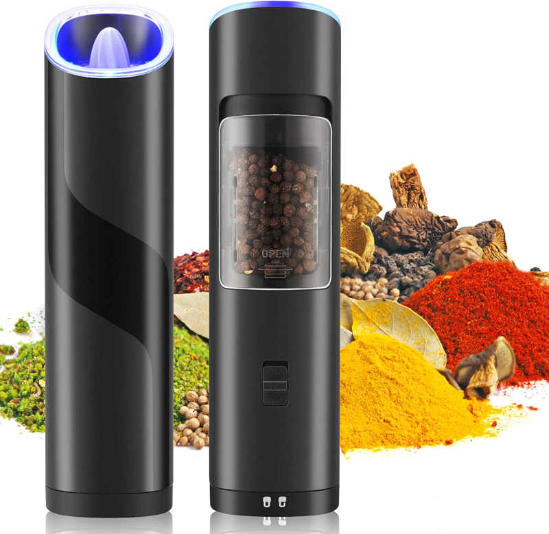 This poster shows the front and back side of two of the Automatic Salt and Pepper Grinders, In the background it has different colorful Masalas placed which are ready for grinding using this amazing product.