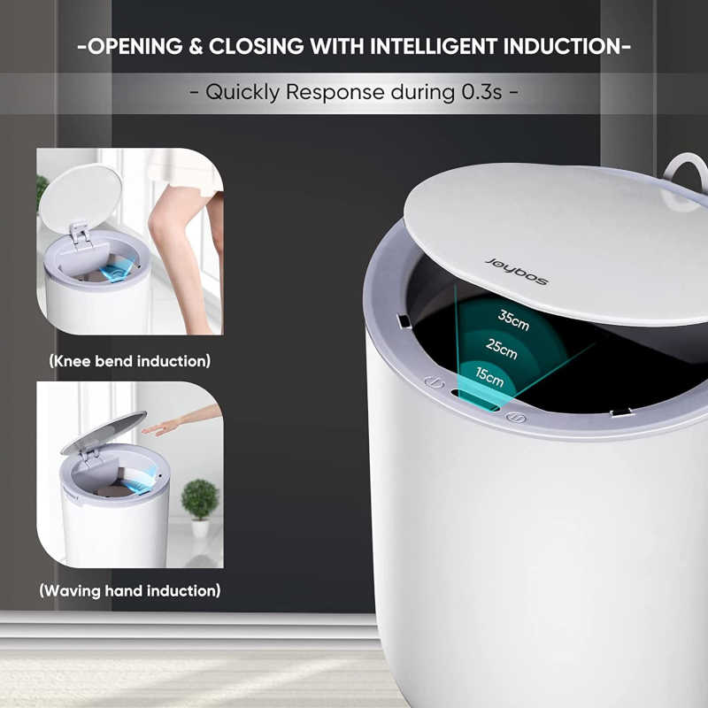 This poster showcases the opening and closing features of Automatic Smart Trashcan with a quick response during 0.3s, On the left hand side it has two small images vertically placed, the first one shows knee bend induction and second one shows waving hand induction mode of the Automatic Smart Trashcan, While on right hand side it has a bigger image of Automatic Smart Trashcan with it's lid slightly opened and showing the three intervals of opening mode viz 15cm, 25cm and 35cm.